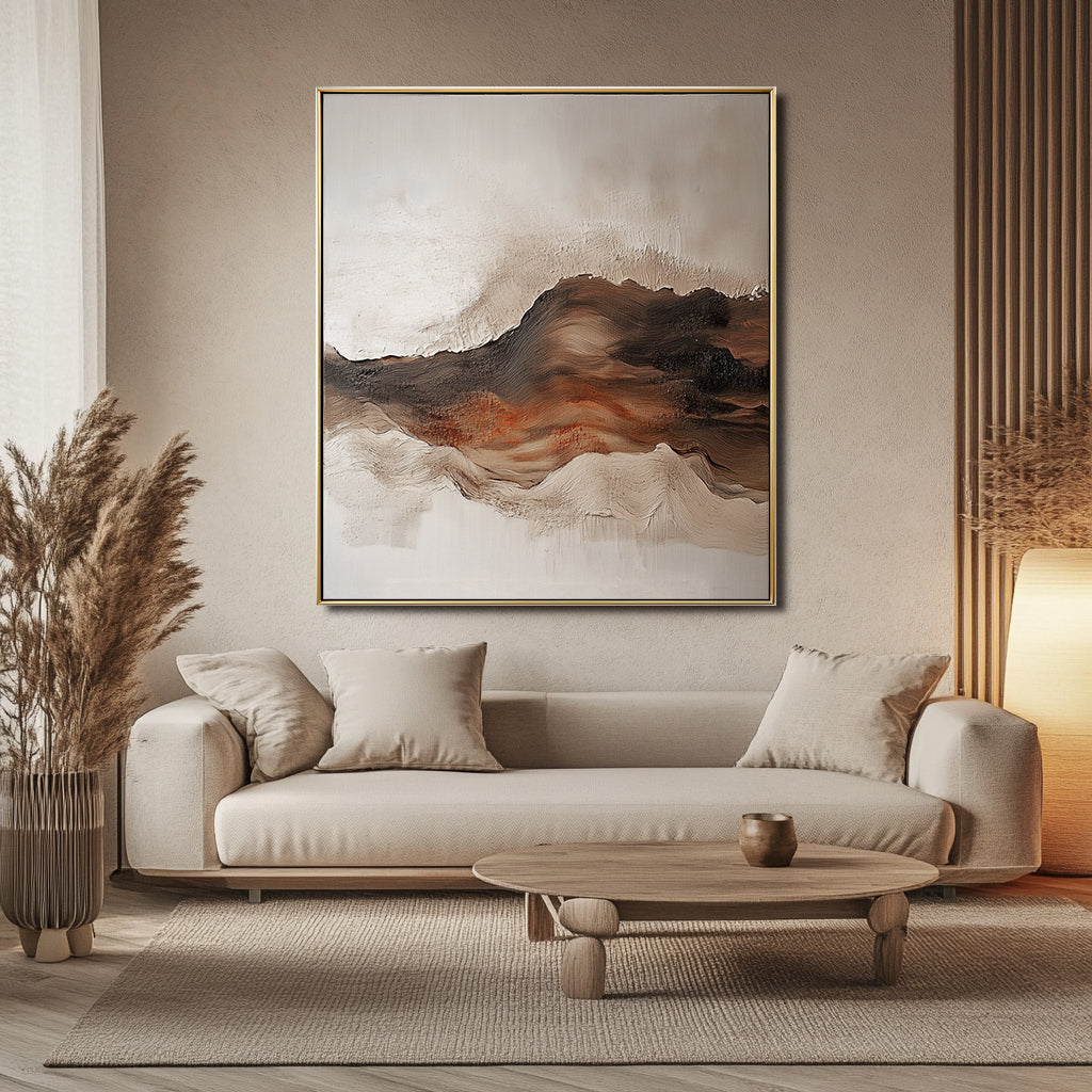 Earthbound Waves – Abstract Textured Mountain Oil Painting , Framed Neutral Tones Wall Art for Home Decor