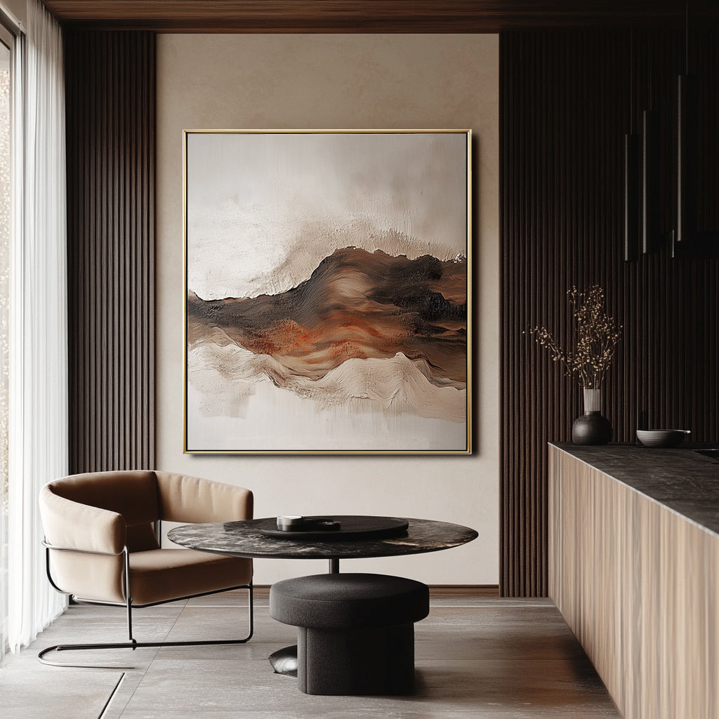 Earthbound Waves – Abstract Textured Mountain Oil Painting , Framed Neutral Tones Wall Art for Home Decor