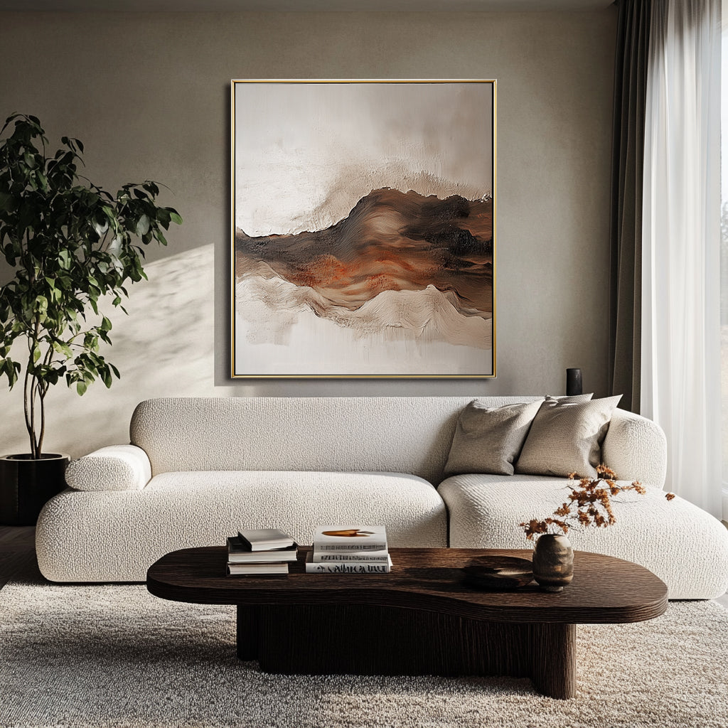 Earthbound Waves – Abstract Textured Mountain Oil Painting , Framed Neutral Tones Wall Art for Home Decor