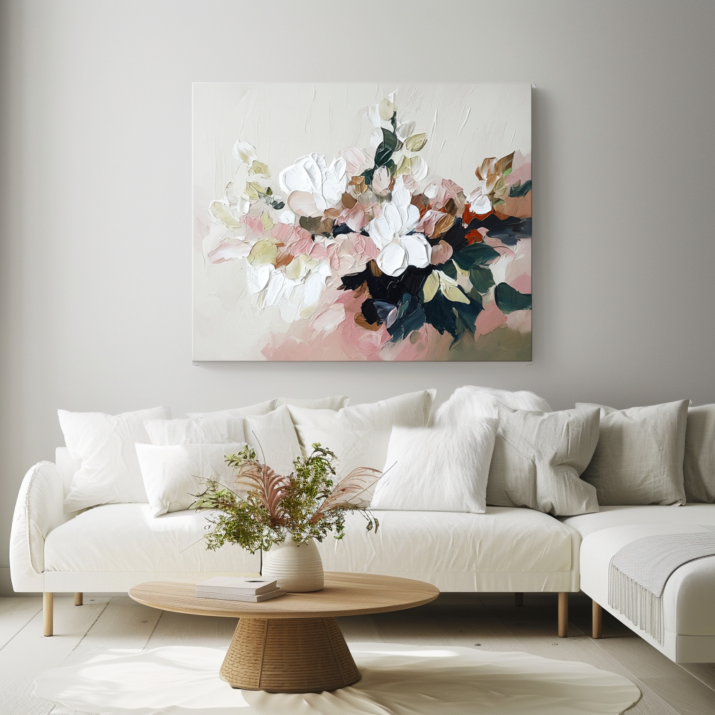 Blossom Haven – Textured Floral Oil Painting - Modern Abstract Blossoms in Soft Pink & White, Neutral Tones Wall Art for Home Decor