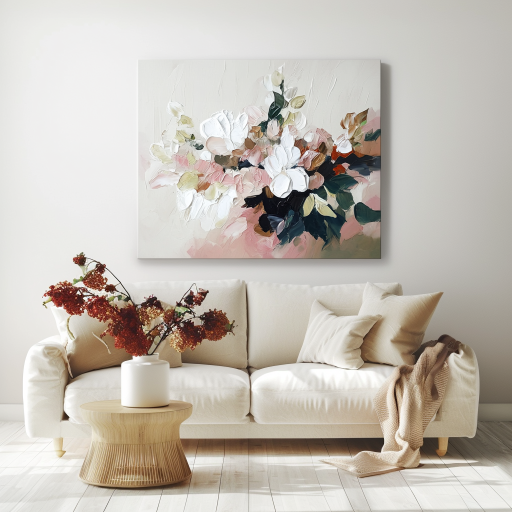 Blossom Haven – Textured Floral Oil Painting - Modern Abstract Blossoms in Soft Pink & White, Neutral Tones Wall Art for Home Decor