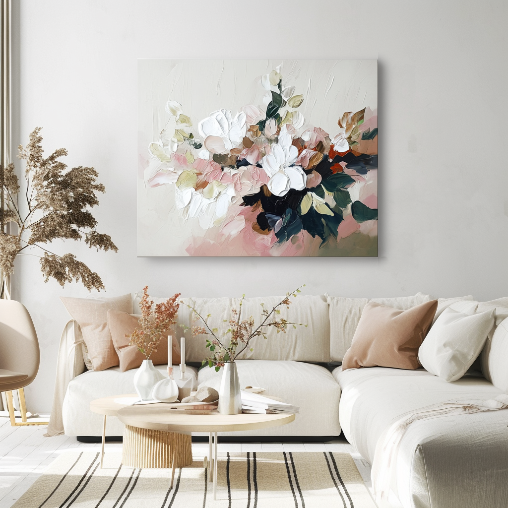 Blossom Haven – Textured Floral Oil Painting - Modern Abstract Blossoms in Soft Pink & White, Neutral Tones Wall Art for Home Decor