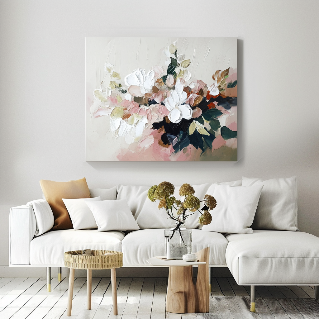 Blossom Haven – Textured Floral Oil Painting - Modern Abstract Blossoms in Soft Pink & White, Neutral Tones Wall Art for Home Decor