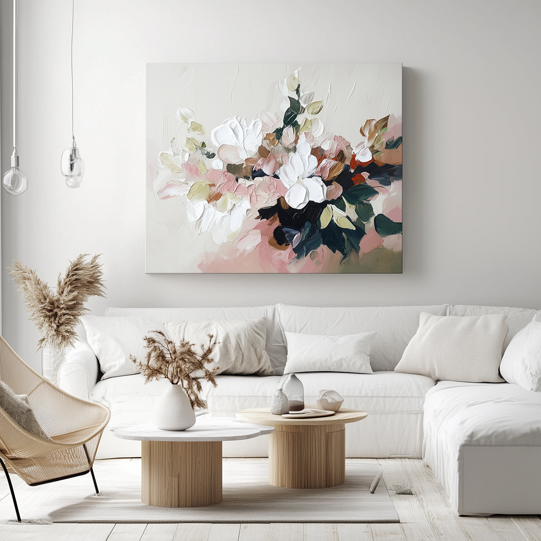 Blossom Haven – Textured Floral Oil Painting - Modern Abstract Blossoms in Soft Pink & White, Neutral Tones Wall Art for Home Decor