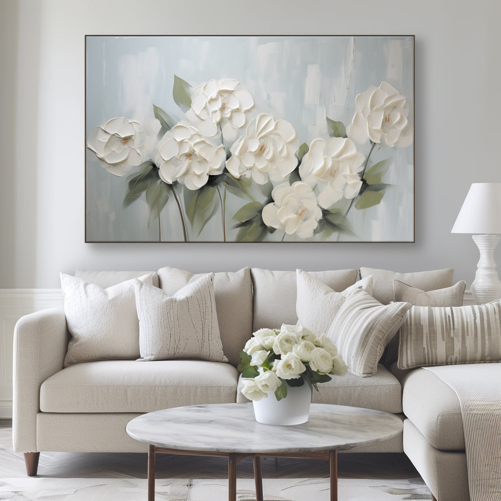 White Bloom – Textured White Floral Oil Painting, Framed Flower Artwork for Home Decor
