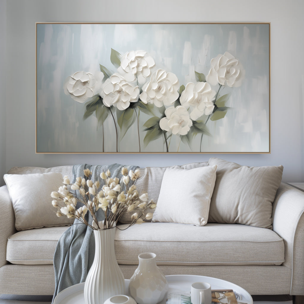 White Bloom – Textured White Floral Oil Painting, Framed Flower Artwork for Home Decor