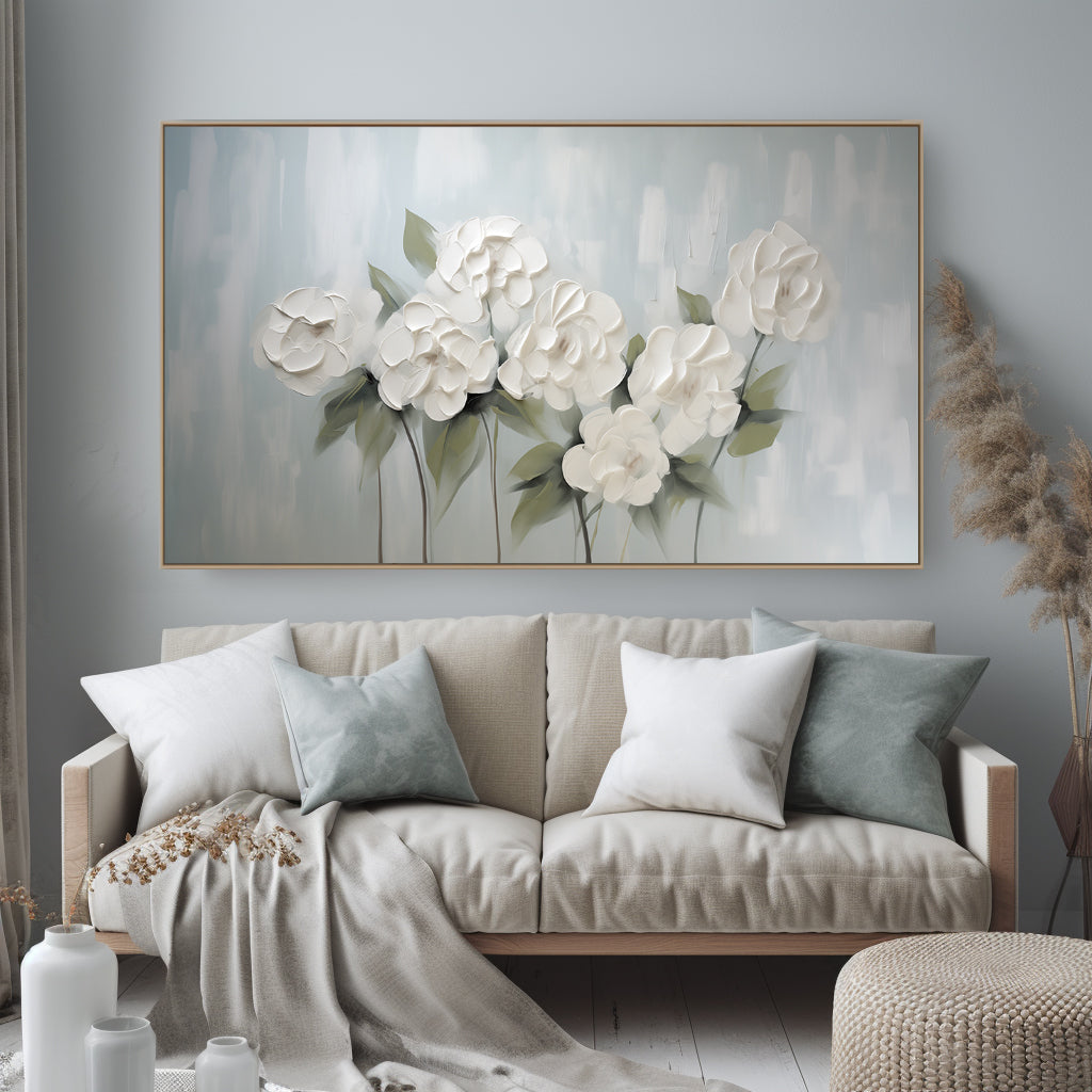 White Bloom – Textured White Floral Oil Painting, Framed Flower Artwork for Home Decor