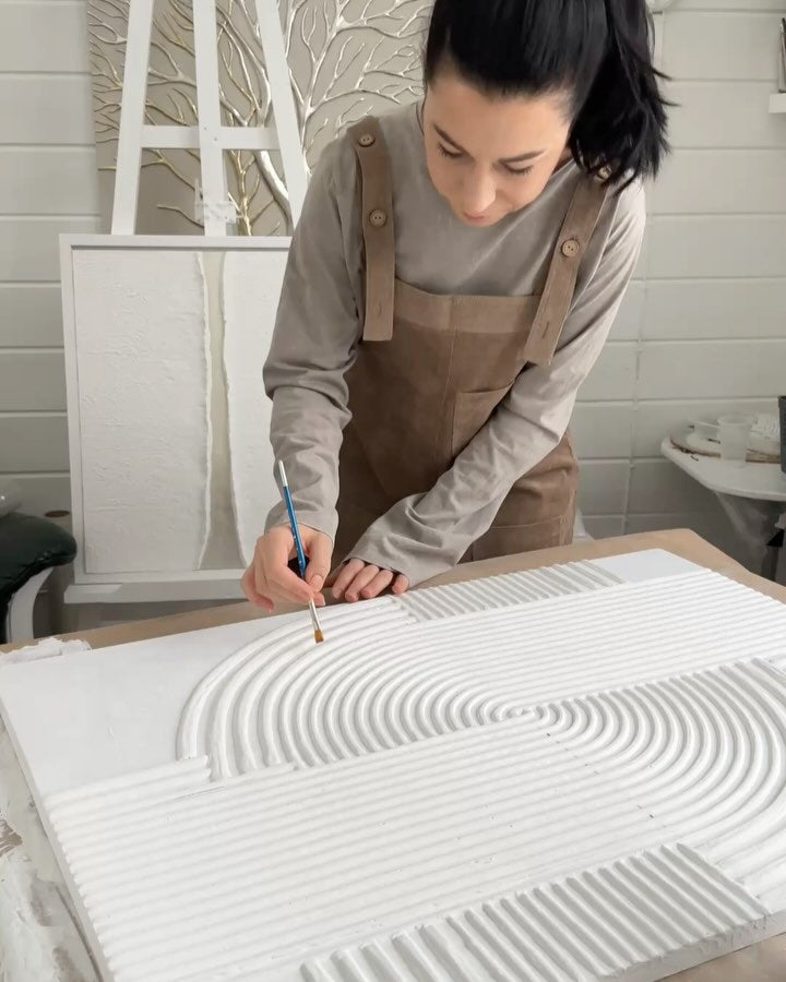 Echo of Silence-Minimalist White Wabi Sabi Abstract Art: Textured Line Painting for Home Office Decor