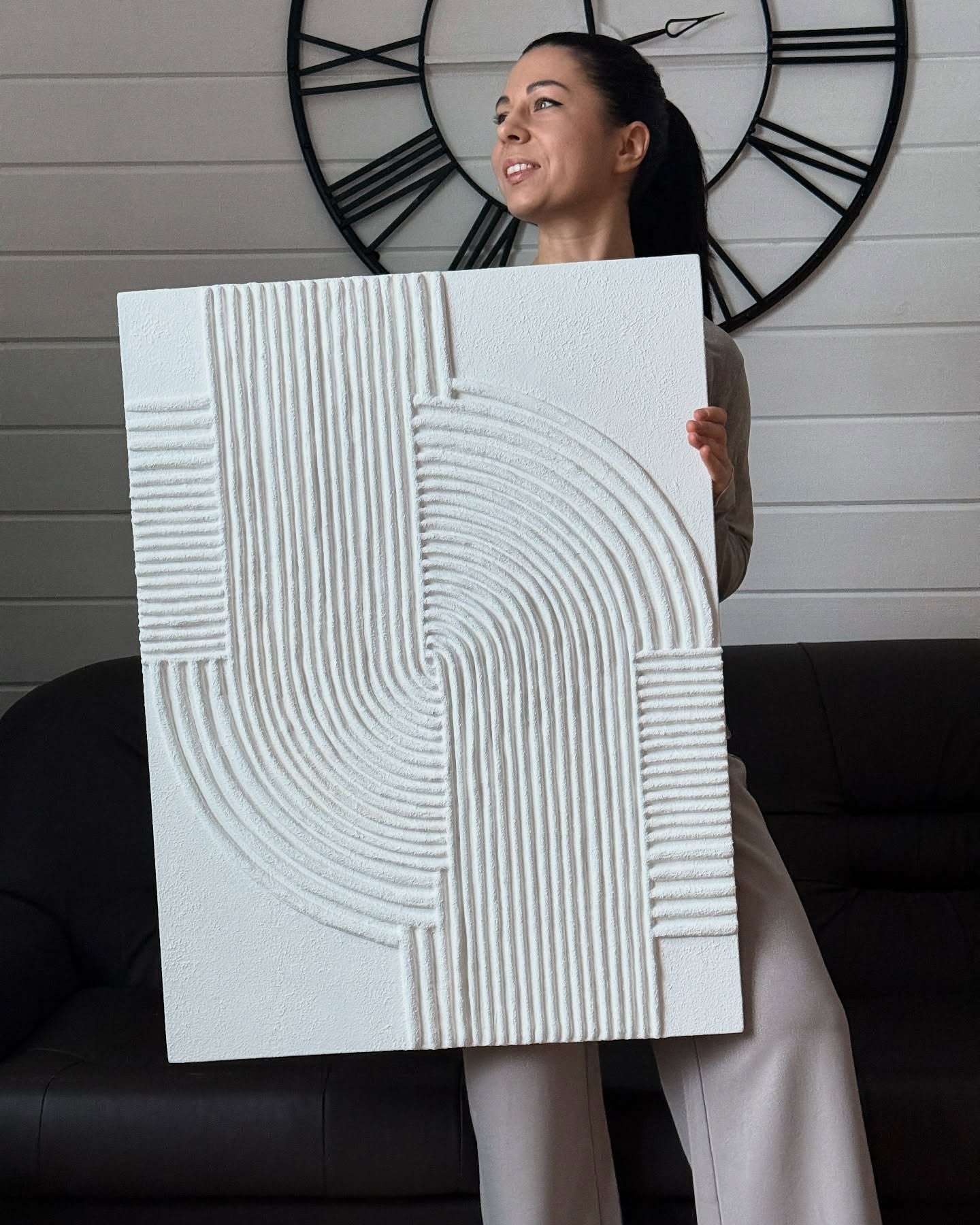 Echo of Silence-Minimalist White Wabi Sabi Abstract Art: Textured Line Painting for Home Office Decor