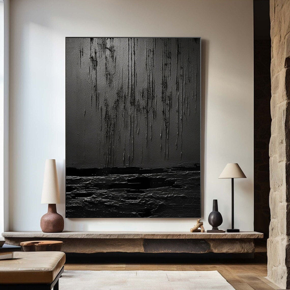 Eclipse of Shadows-Textured Black Abstract Painting for Modern Home Decor
