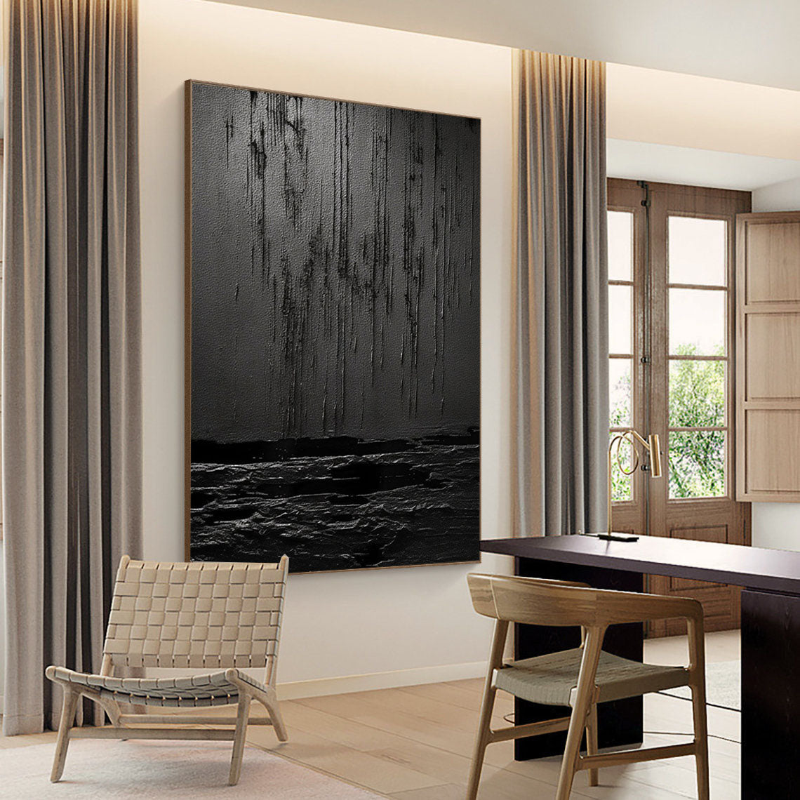 Eclipse of Shadows-Textured Black Abstract Painting for Modern Home Decor