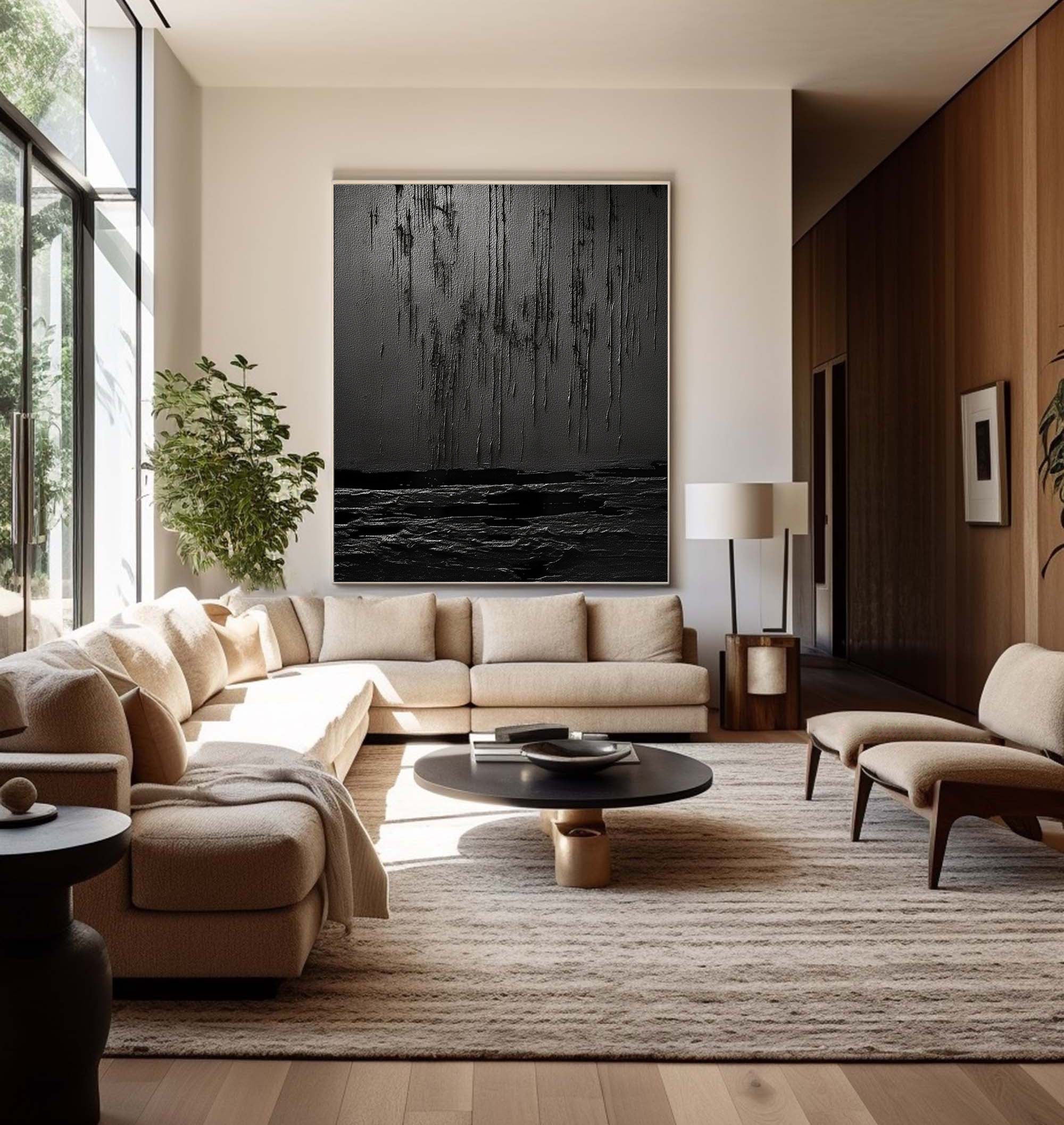 Eclipse of Shadows-Textured Black Abstract Painting for Modern Home Decor