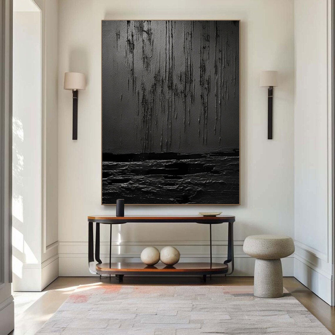 Eclipse of Shadows-Textured Black Abstract Painting for Modern Home Decor