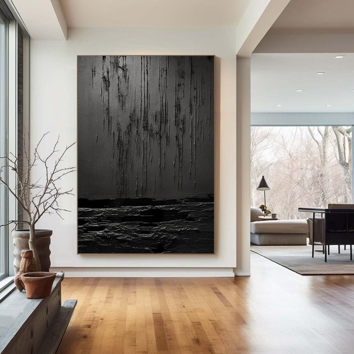 Eclipse of Shadows-Textured Black Abstract Painting for Modern Home Decor