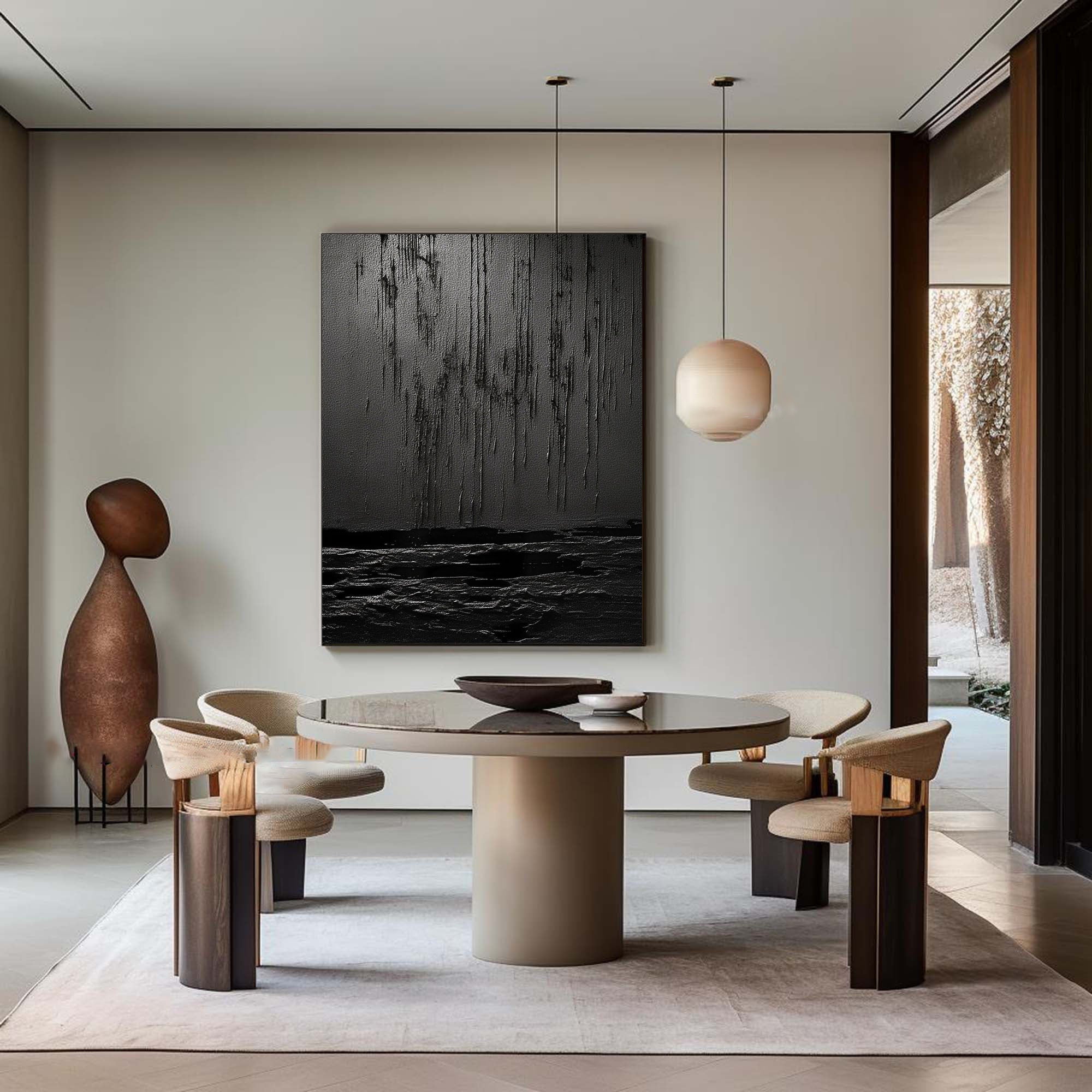 Eclipse of Shadows-Textured Black Abstract Painting for Modern Home Decor