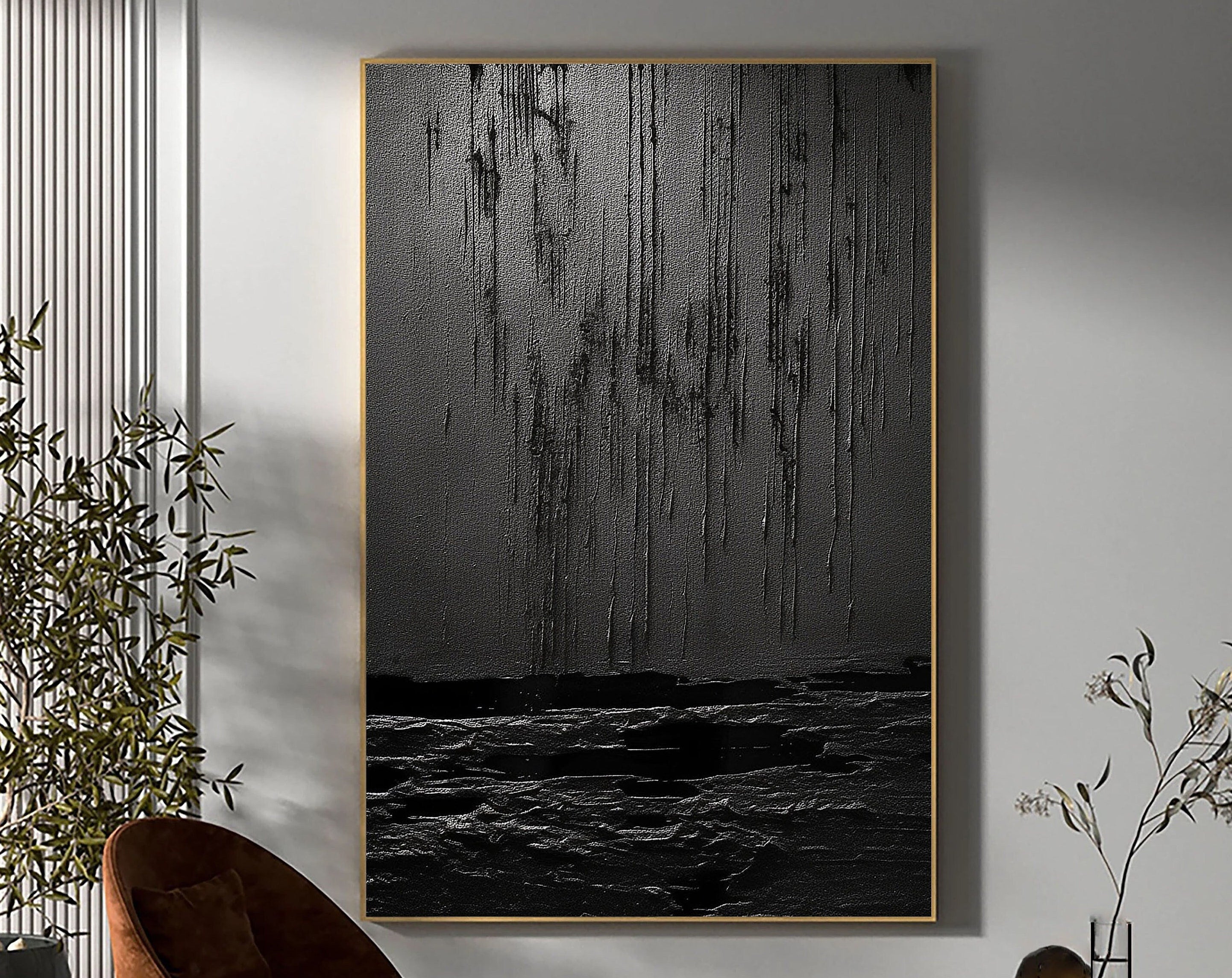 Eclipse of Shadows-Textured Black Abstract Painting for Modern Home Decor