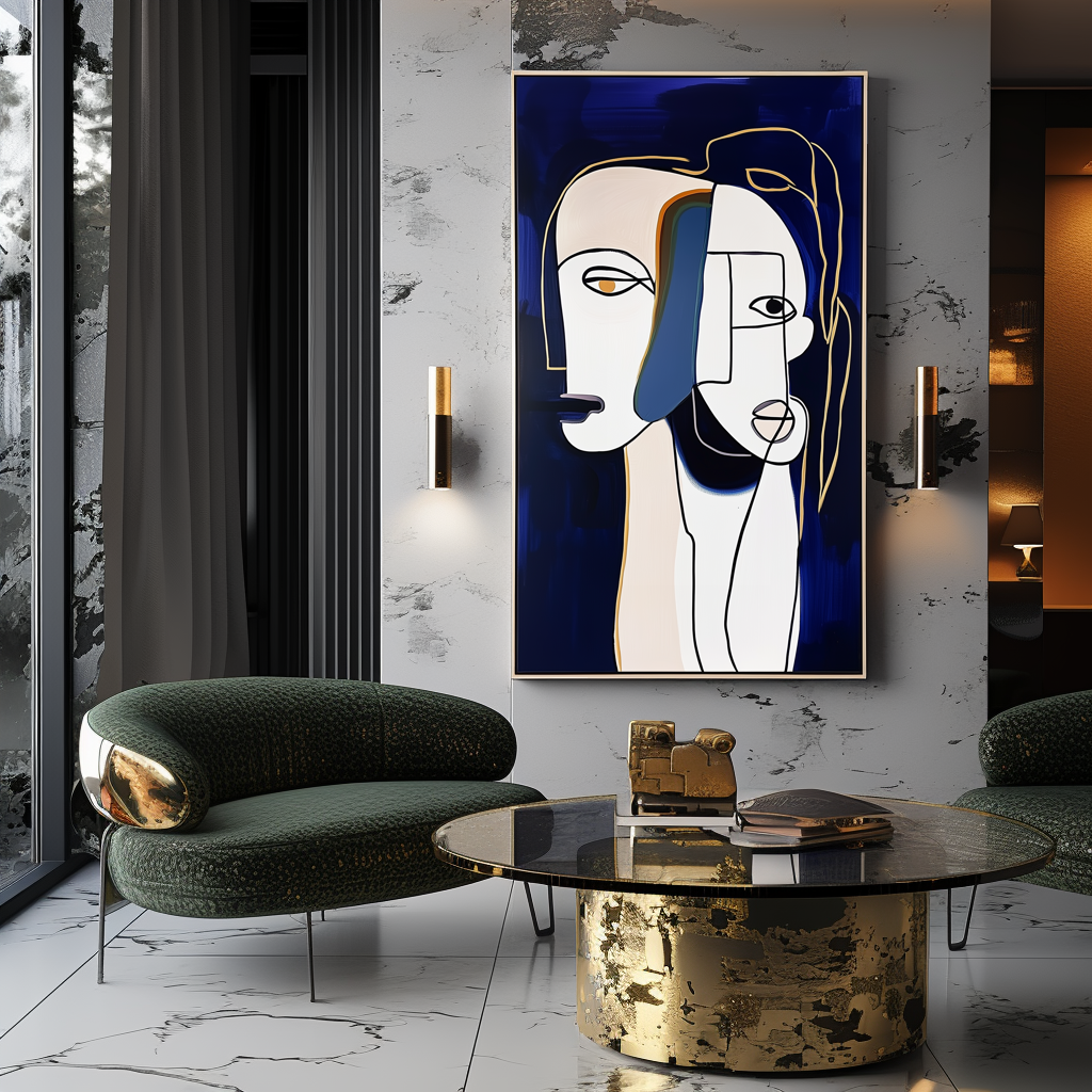 Entwined Souls-Abstract Minimalist Face Line Art Painting with Navy Blue Background, Modern Decorative Wall Art