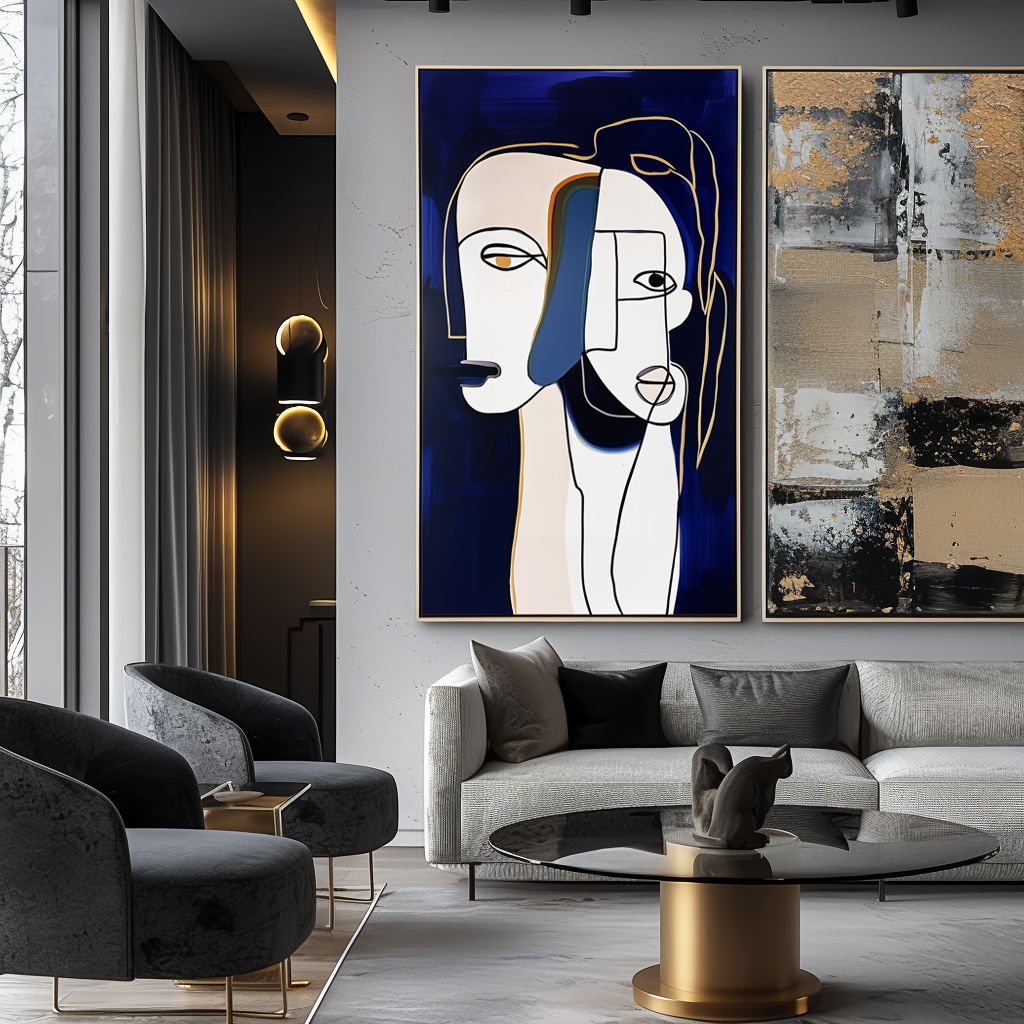 Entwined Souls-Abstract Minimalist Face Line Art Painting with Navy Blue Background, Modern Decorative Wall Art