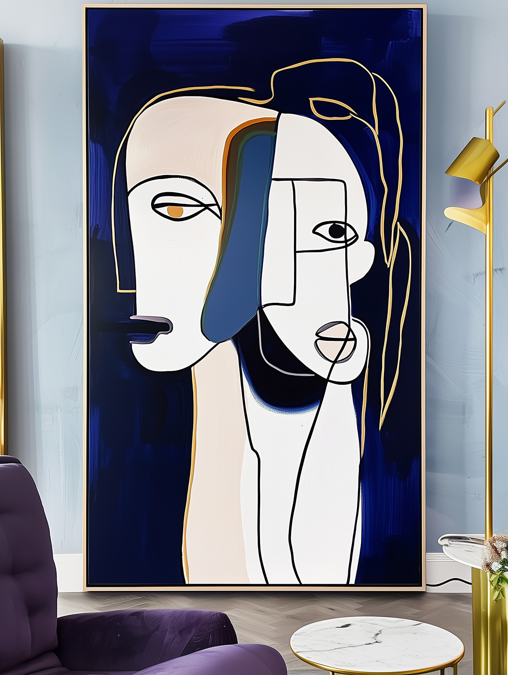 Entwined Souls-Abstract Minimalist Face Line Art Painting with Navy Blue Background, Modern Decorative Wall Art