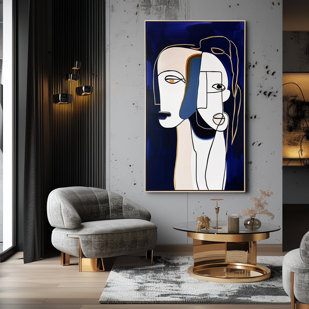 Entwined Souls-Abstract Minimalist Face Line Art Painting with Navy Blue Background, Modern Decorative Wall Art