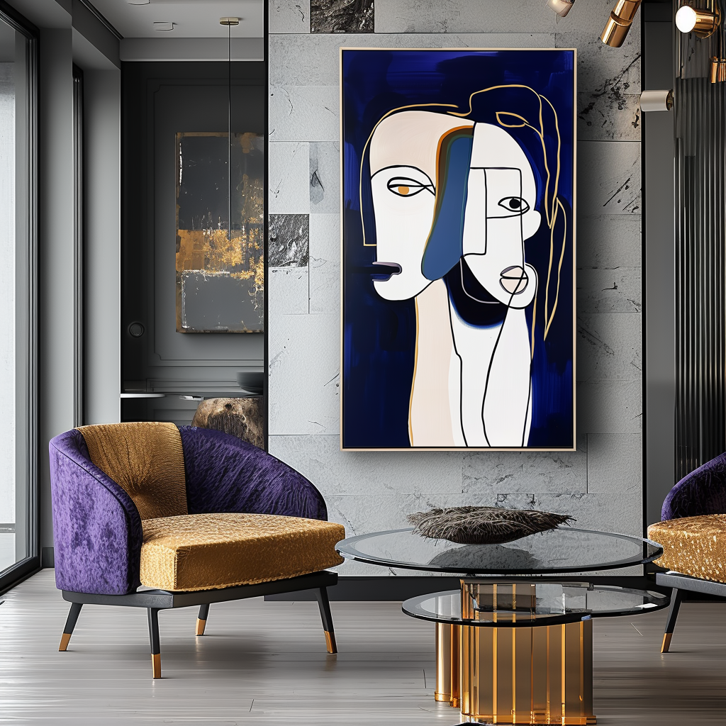 Entwined Souls-Abstract Minimalist Face Line Art Painting with Navy Blue Background, Modern Decorative Wall Art