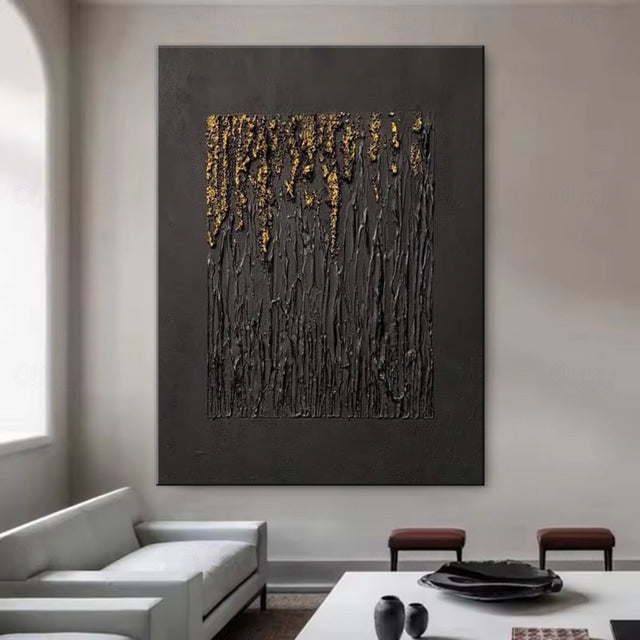 Golden Rainfall – Abstract Black & Gold Textured Oil Painting for Modern Decor