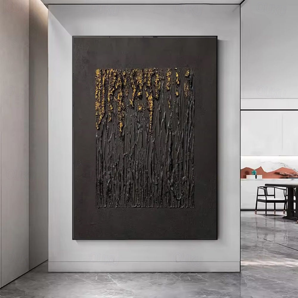 Golden Rainfall – Abstract Black & Gold Textured Oil Painting for Modern Decor