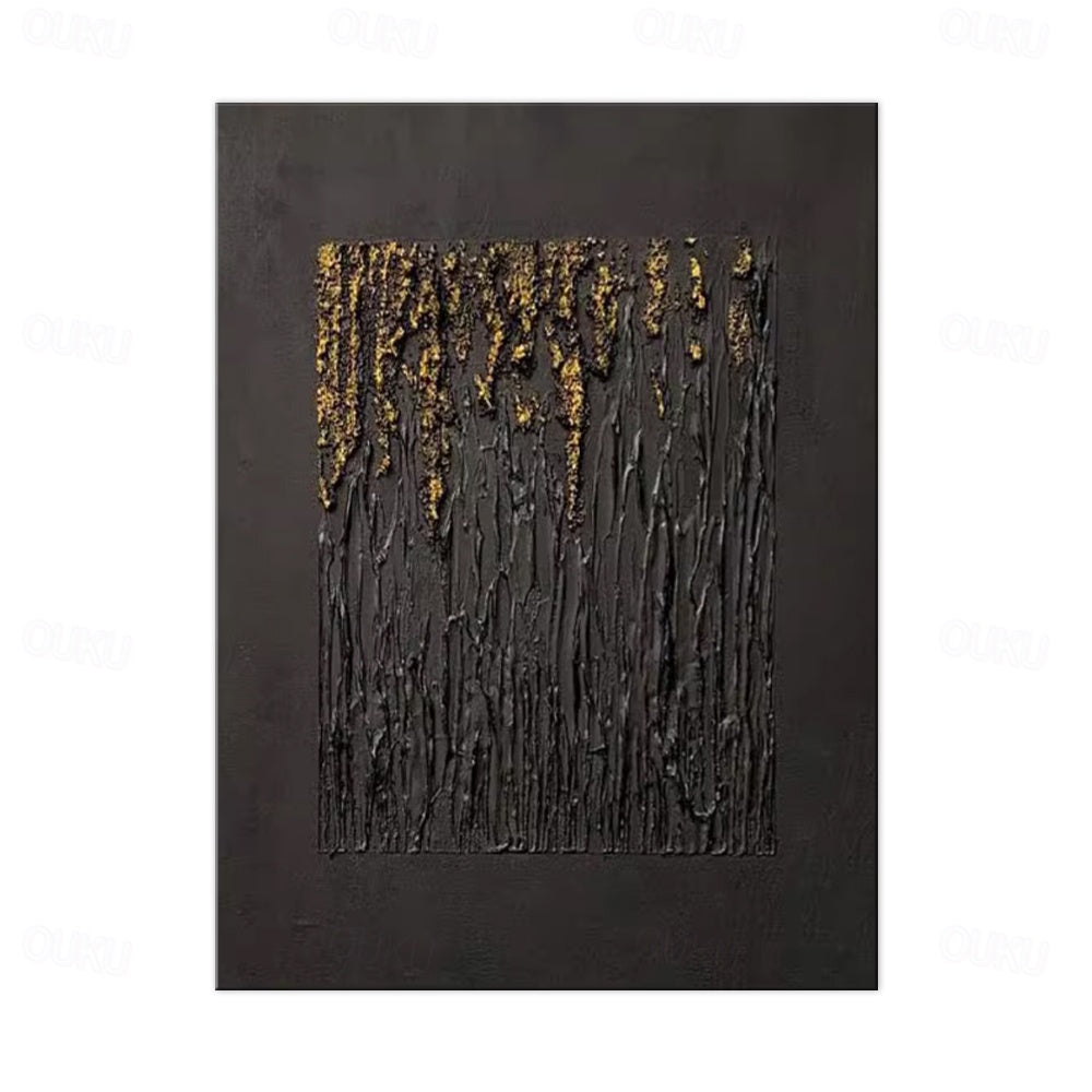 Golden Rainfall – Abstract Black & Gold Textured Oil Painting for Modern Decor