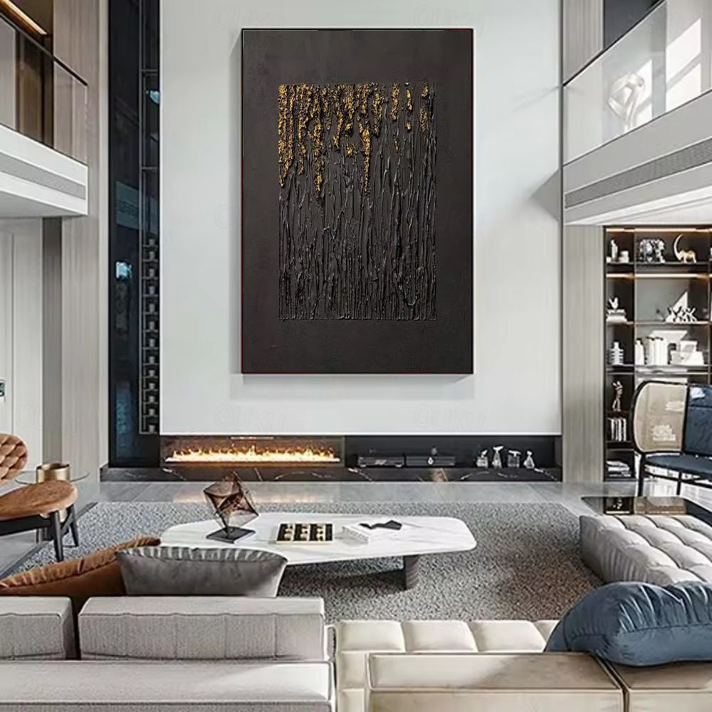 Golden Rainfall – Abstract Black & Gold Textured Oil Painting for Modern Decor