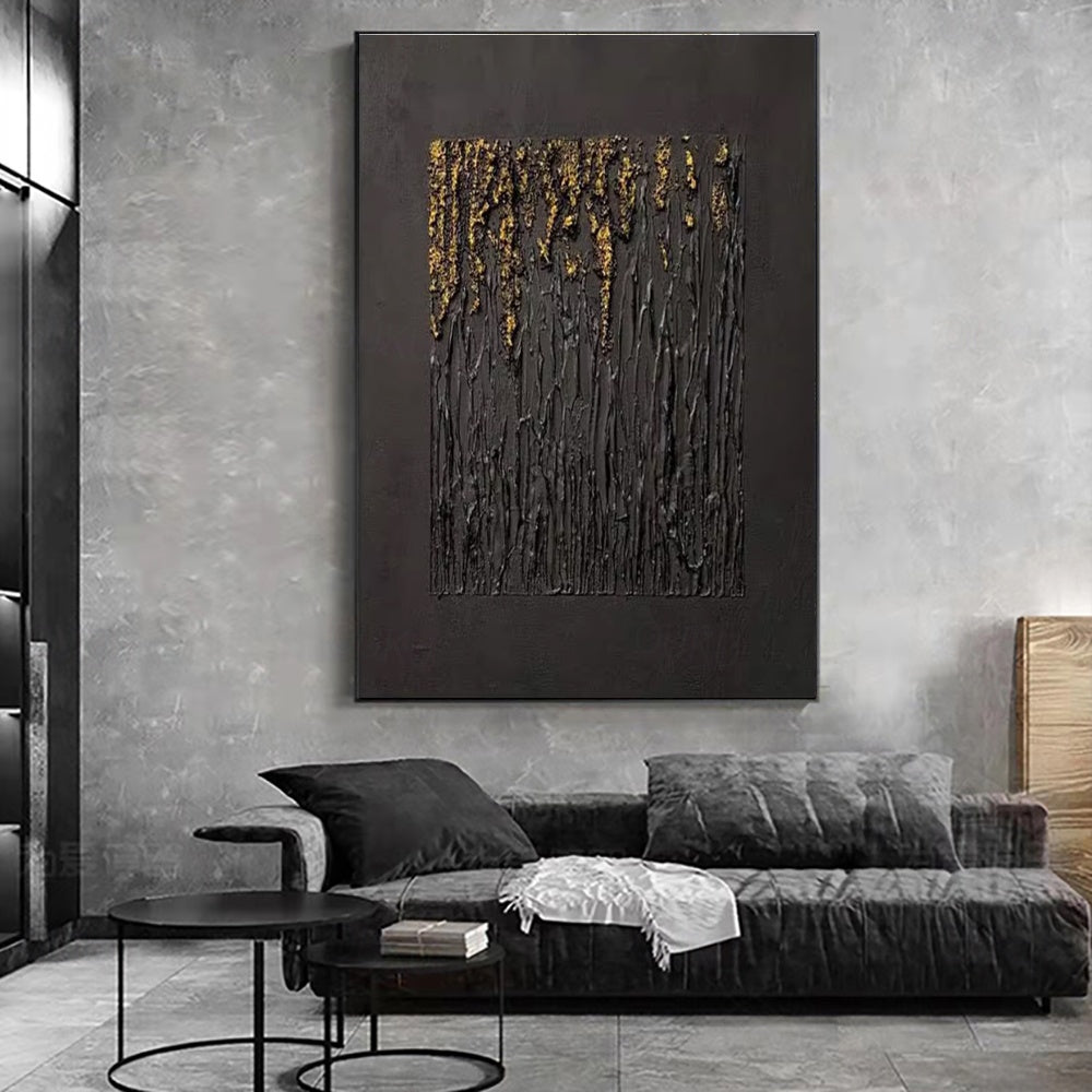 Golden Rainfall – Abstract Black & Gold Textured Oil Painting for Modern Decor