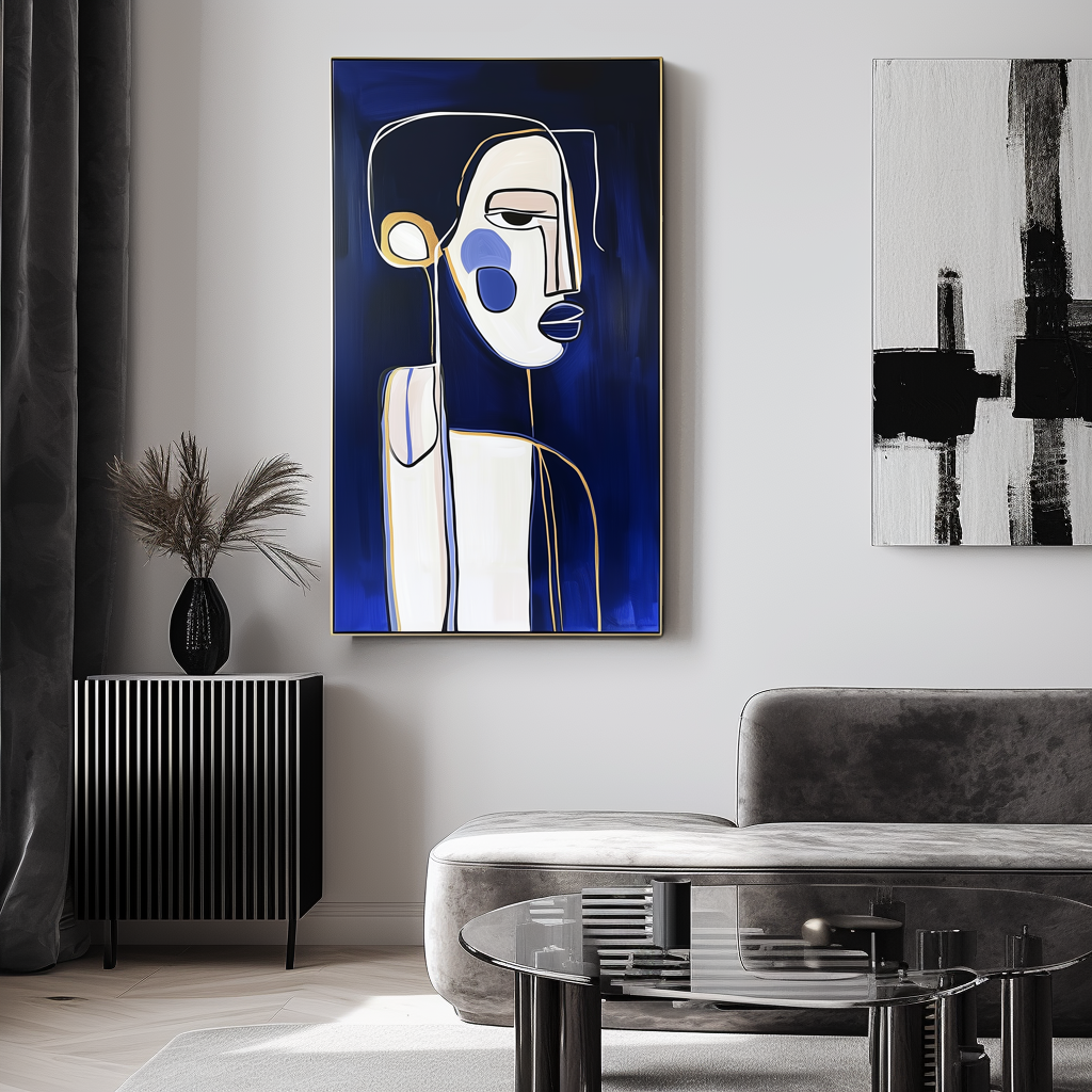 Midnight Contours-Abstract Line - Art Portrait with Gold Accents: Modern Minimalist Wall Decor for Home Interiors