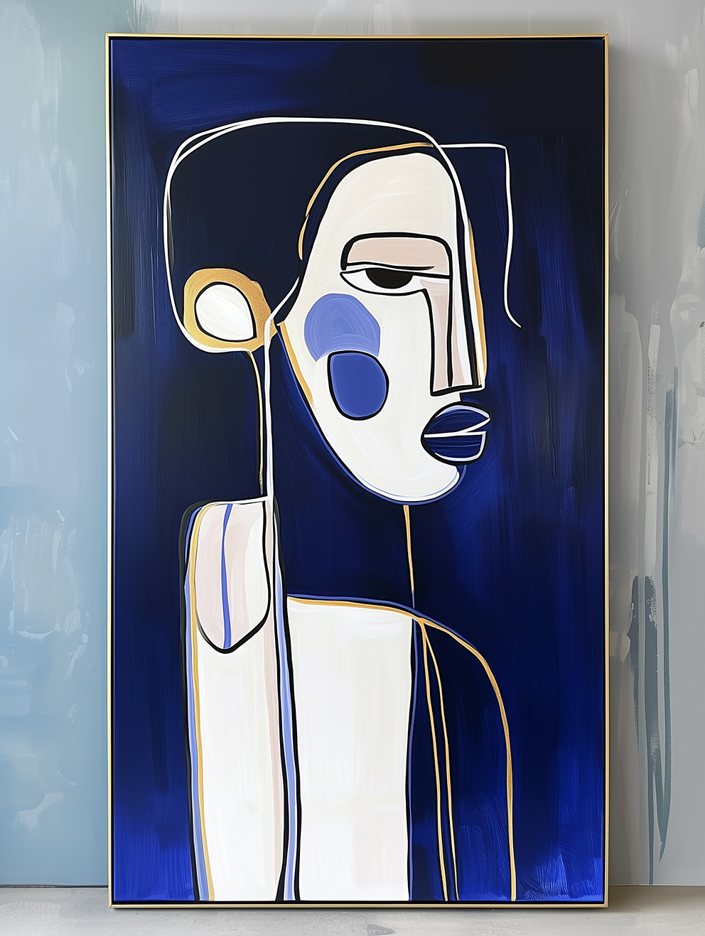 Midnight Contours-Abstract Line - Art Portrait with Gold Accents: Modern Minimalist Wall Decor for Home Interiors