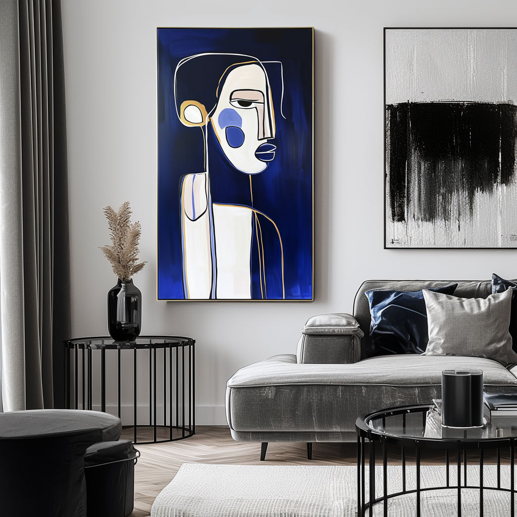 Midnight Contours-Abstract Line - Art Portrait with Gold Accents: Modern Minimalist Wall Decor for Home Interiors
