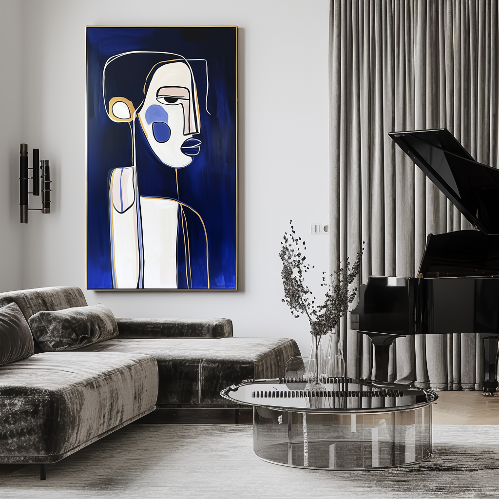 Midnight Contours-Abstract Line - Art Portrait with Gold Accents: Modern Minimalist Wall Decor for Home Interiors