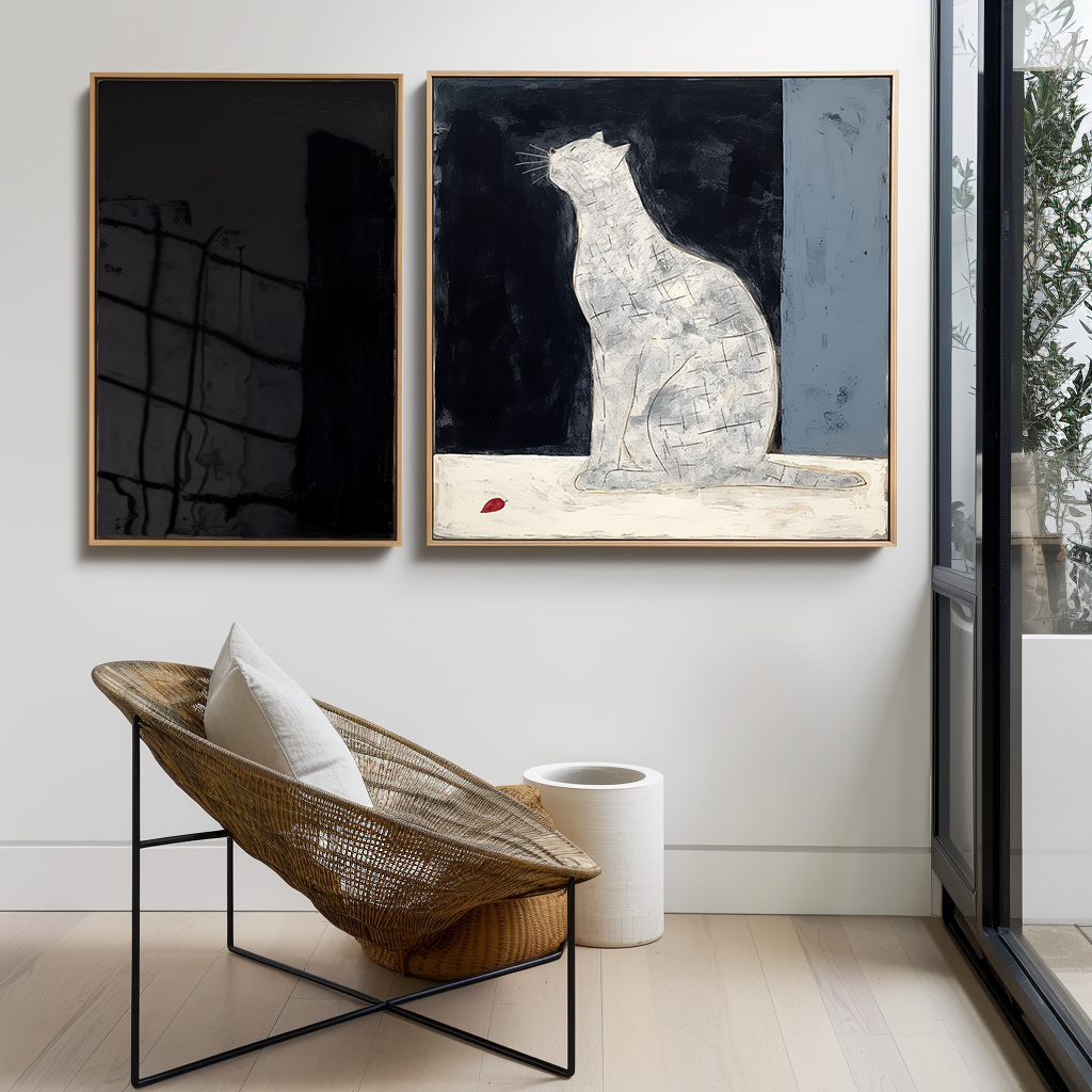 Moonlit Whispers-Unique Wabi-Sabi White Cat Painting - Home Decor Wall Art