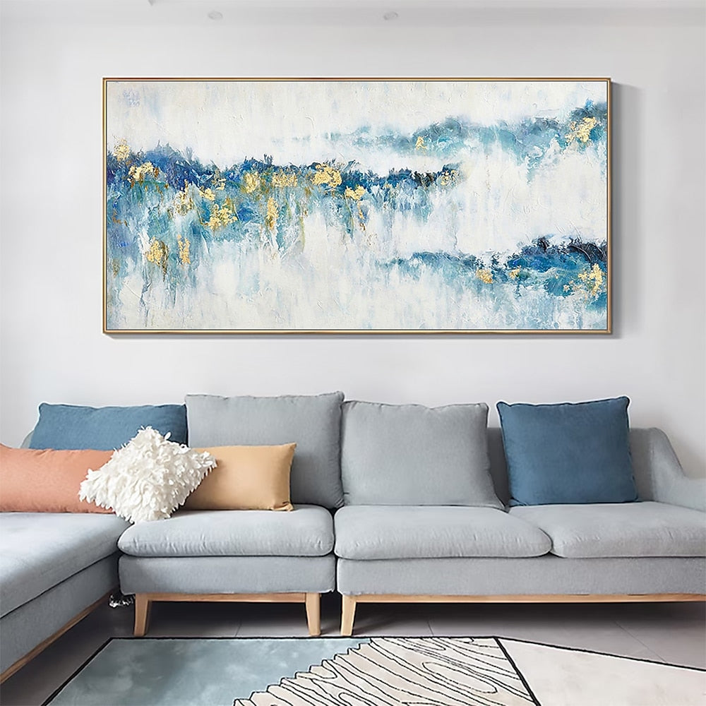 Morning Mist Light-Modern Abstract Blue and Gold Mountain Wall Art, Landscape Oil Painting for Home Decor