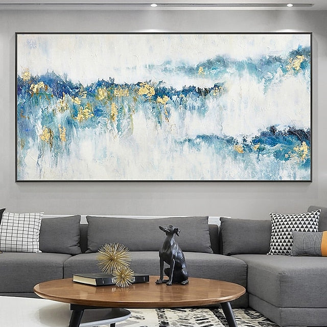 Morning Mist Light-Modern Abstract Blue and Gold Mountain Wall Art, Landscape Oil Painting for Home Decor