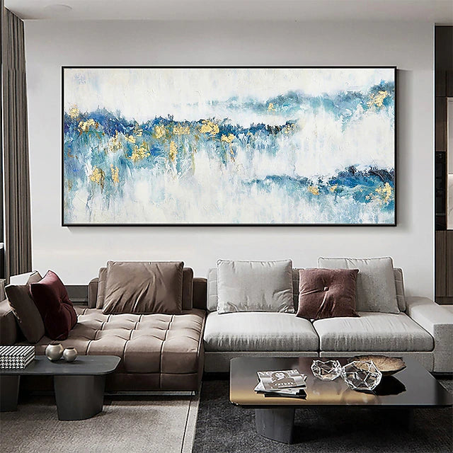 Morning Mist Light-Modern Abstract Blue and Gold Mountain Wall Art, Landscape Oil Painting for Home Decor