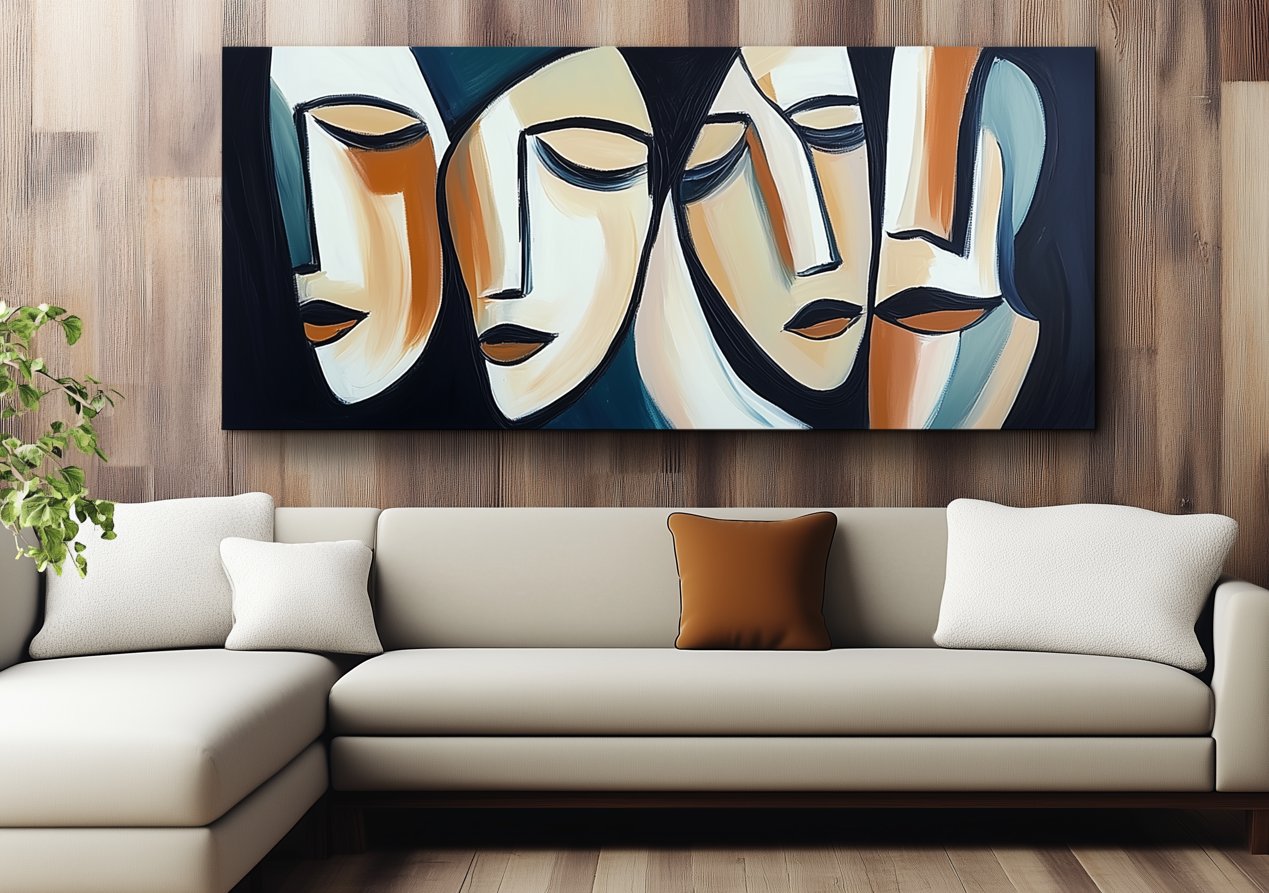 Silent Dialogue-Handmade Abstract Oil Painting, Modern Cubist Faces Canvas Art for Home & Office Decor