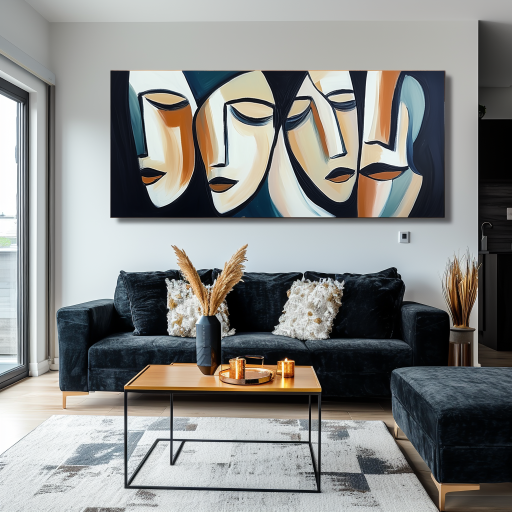 Silent Dialogue-Handmade Abstract Oil Painting, Modern Cubist Faces Canvas Art for Home & Office Decor