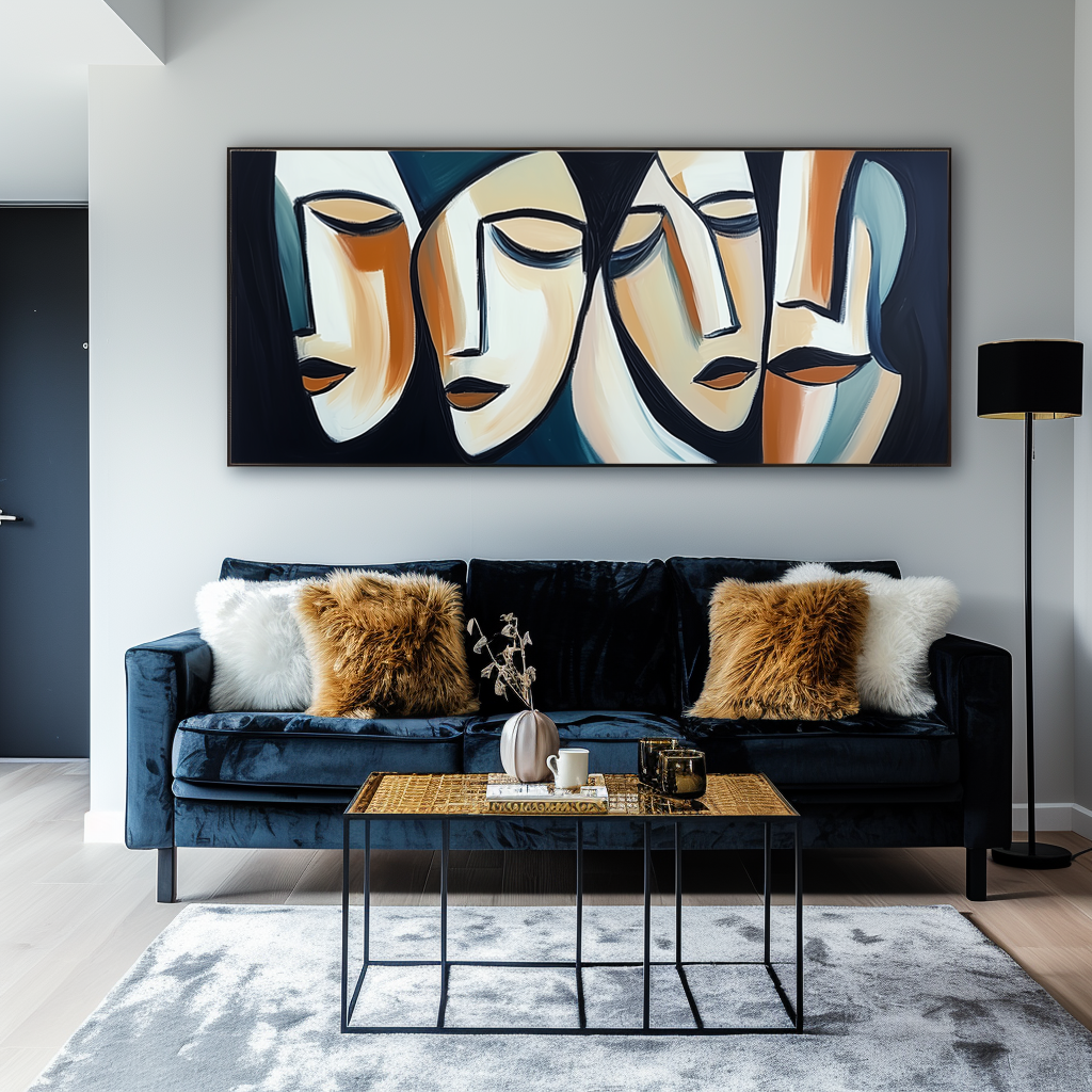 Silent Dialogue-Handmade Abstract Oil Painting, Modern Cubist Faces Canvas Art for Home & Office Decor