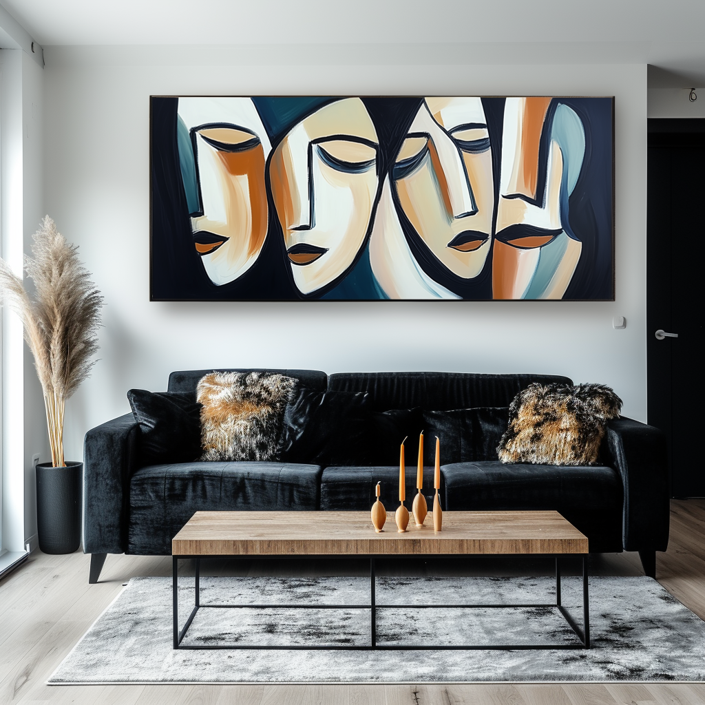 Silent Dialogue-Handmade Abstract Oil Painting, Modern Cubist Faces Canvas Art for Home & Office Decor