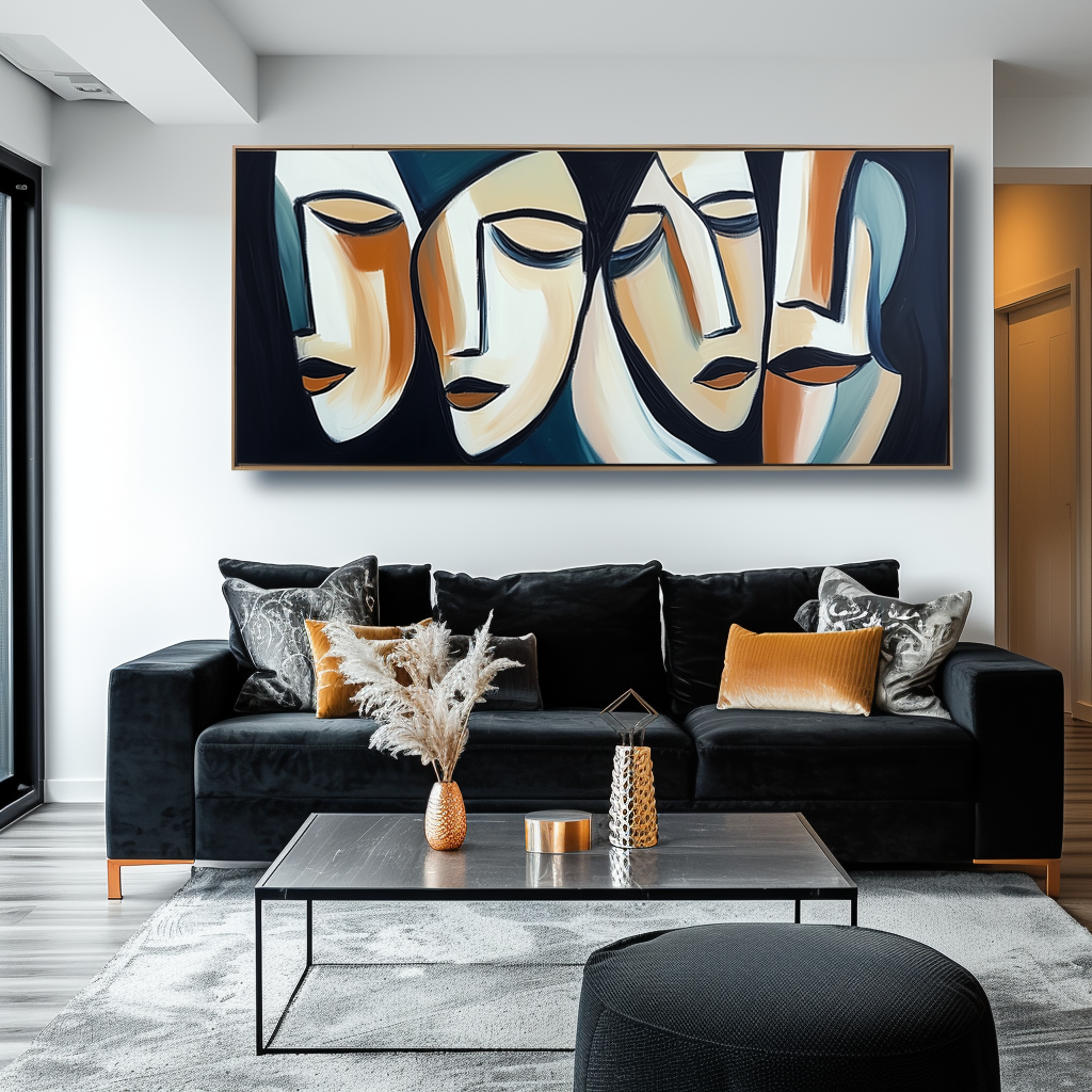 Silent Dialogue-Handmade Abstract Oil Painting, Modern Cubist Faces Canvas Art for Home & Office Decor