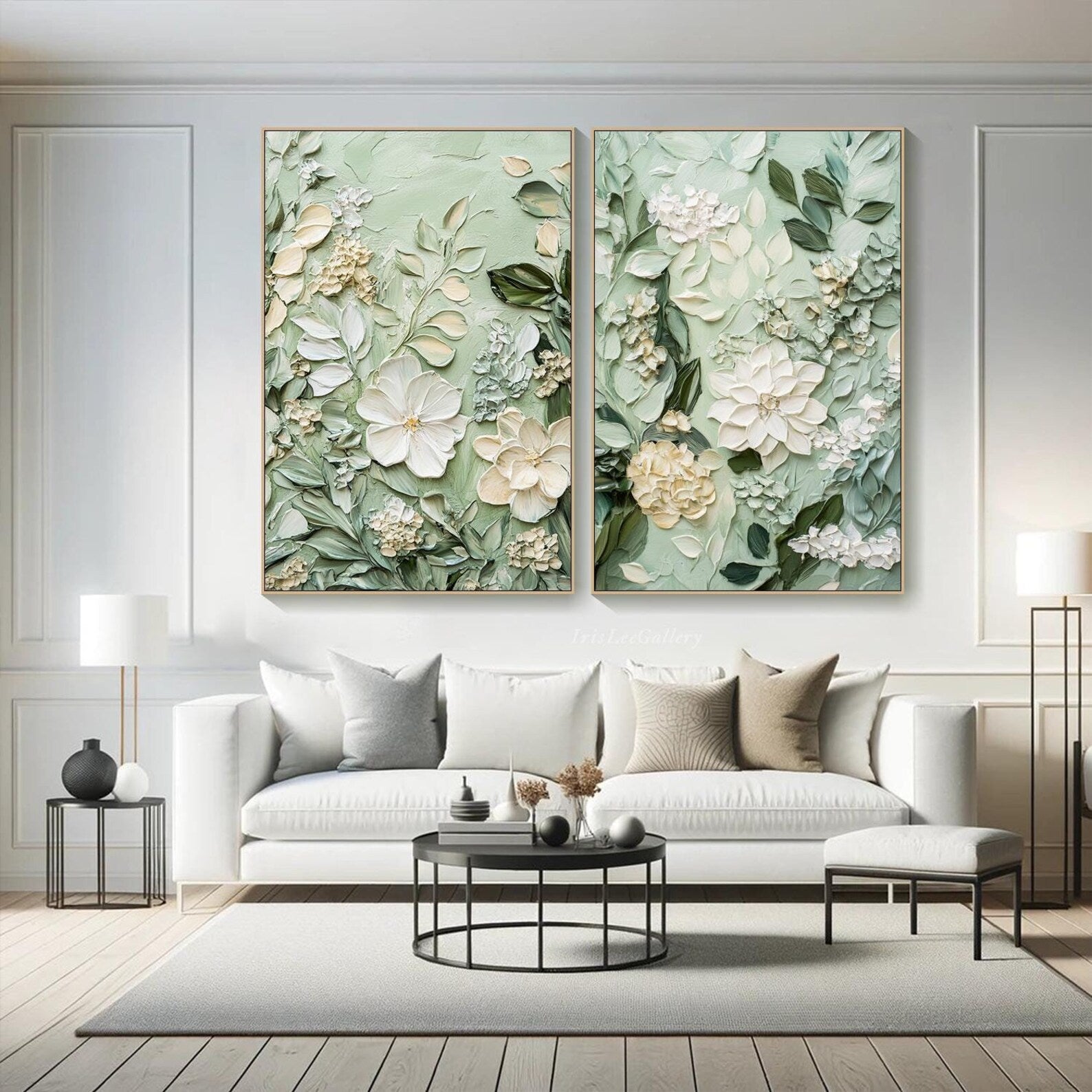 Soft Green Floral Diptych Oil Paintings with Impasto Texture, Set of 2 Botanical Wall Art for Home Decor