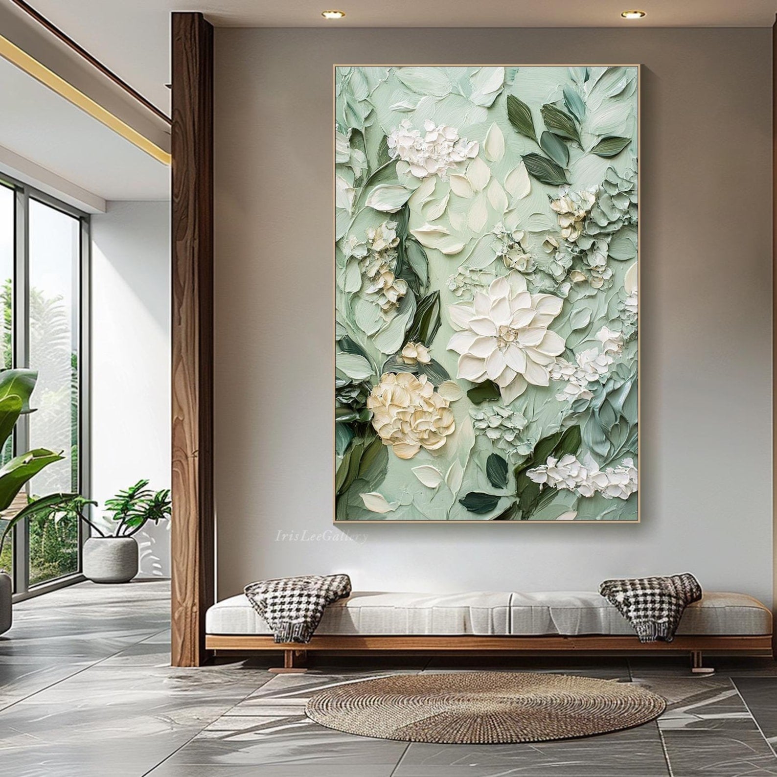 Soft Green Floral Diptych Oil Paintings with Impasto Texture, Set of 2 Botanical Wall Art for Home Decor