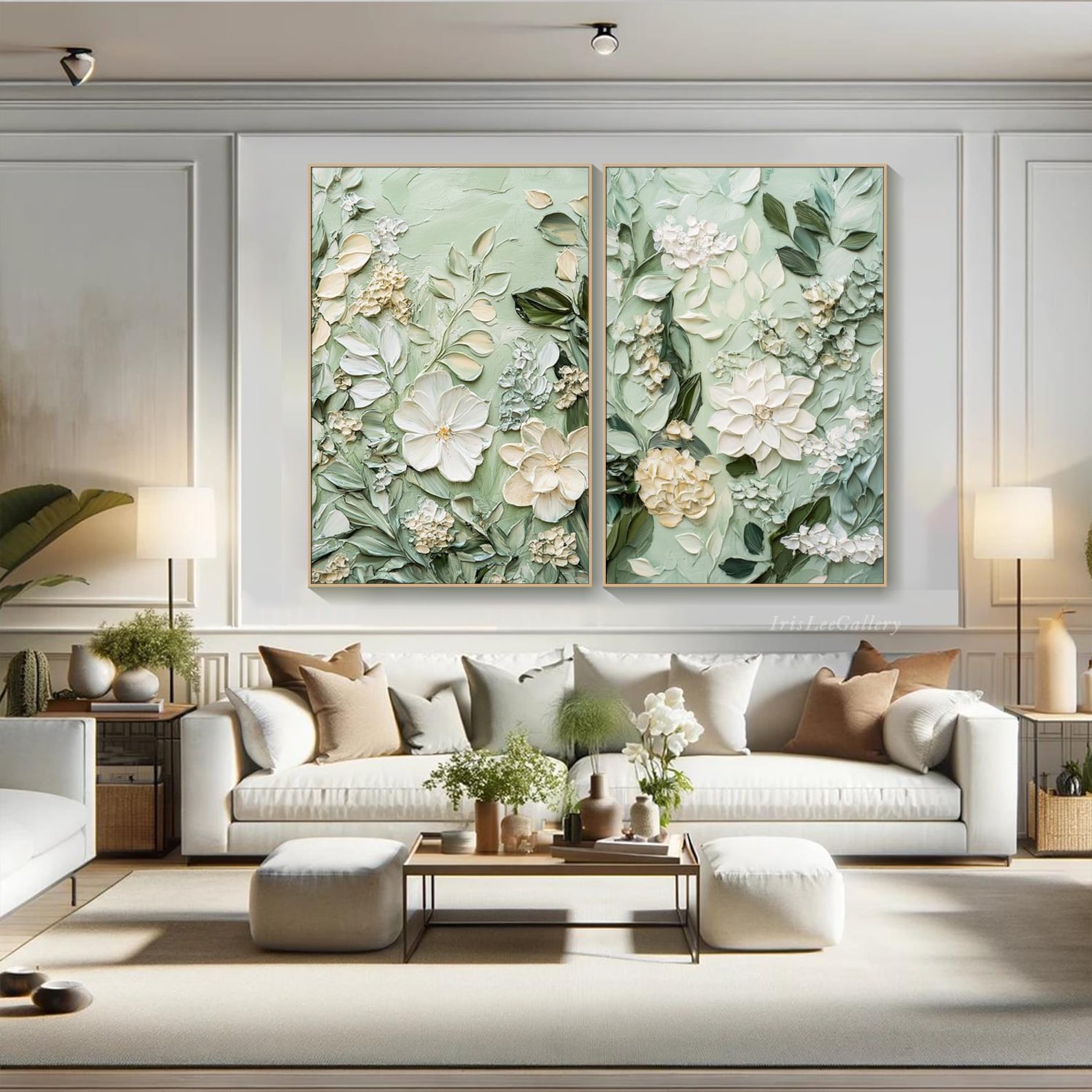 Soft Green Floral Diptych Oil Paintings with Impasto Texture, Set of 2 Botanical Wall Art for Home Decor