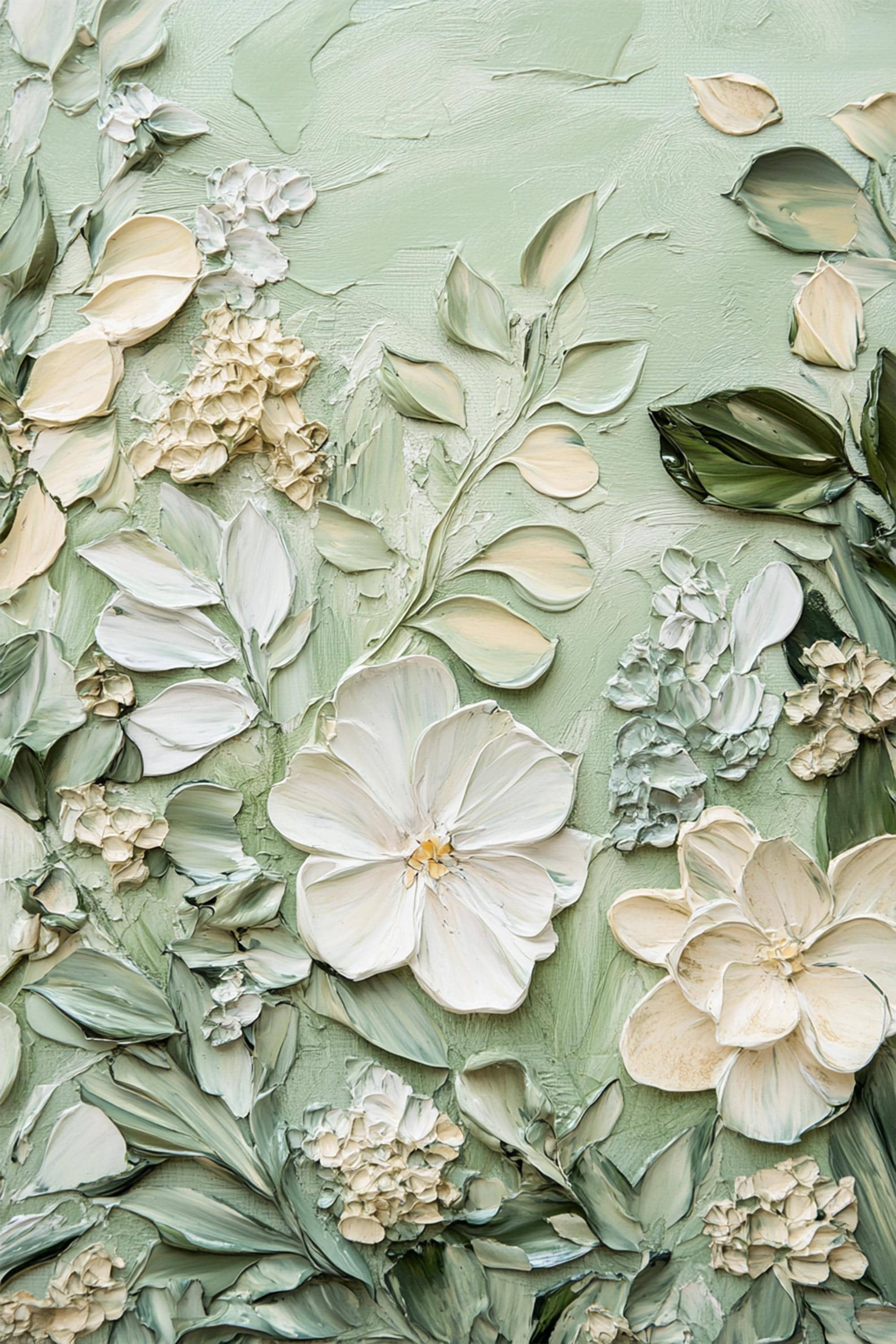 Soft Green Floral Diptych Oil Paintings with Impasto Texture, Set of 2 Botanical Wall Art for Home Decor