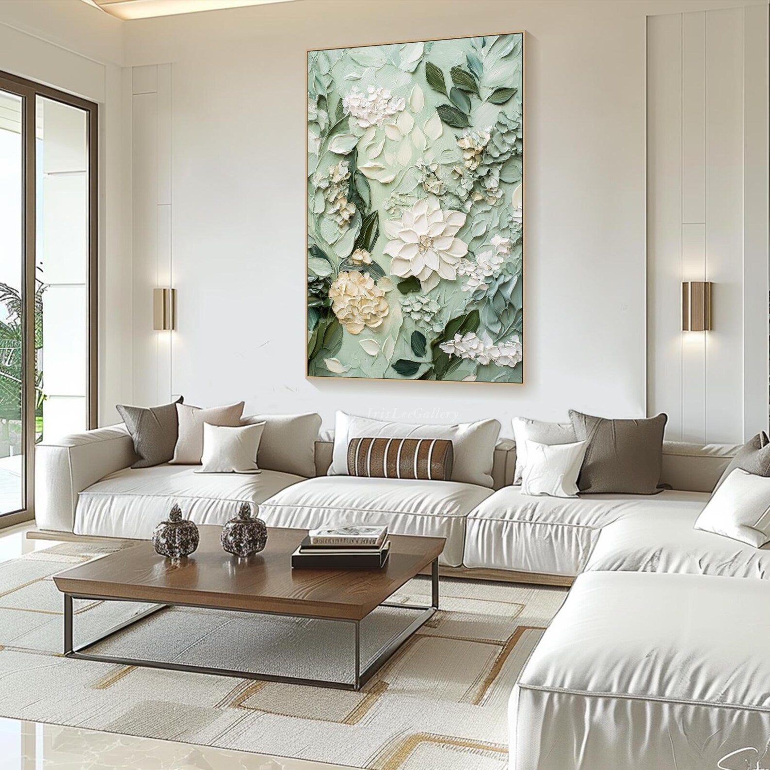 Soft Green Floral Diptych Oil Paintings with Impasto Texture, Set of 2 Botanical Wall Art for Home Decor