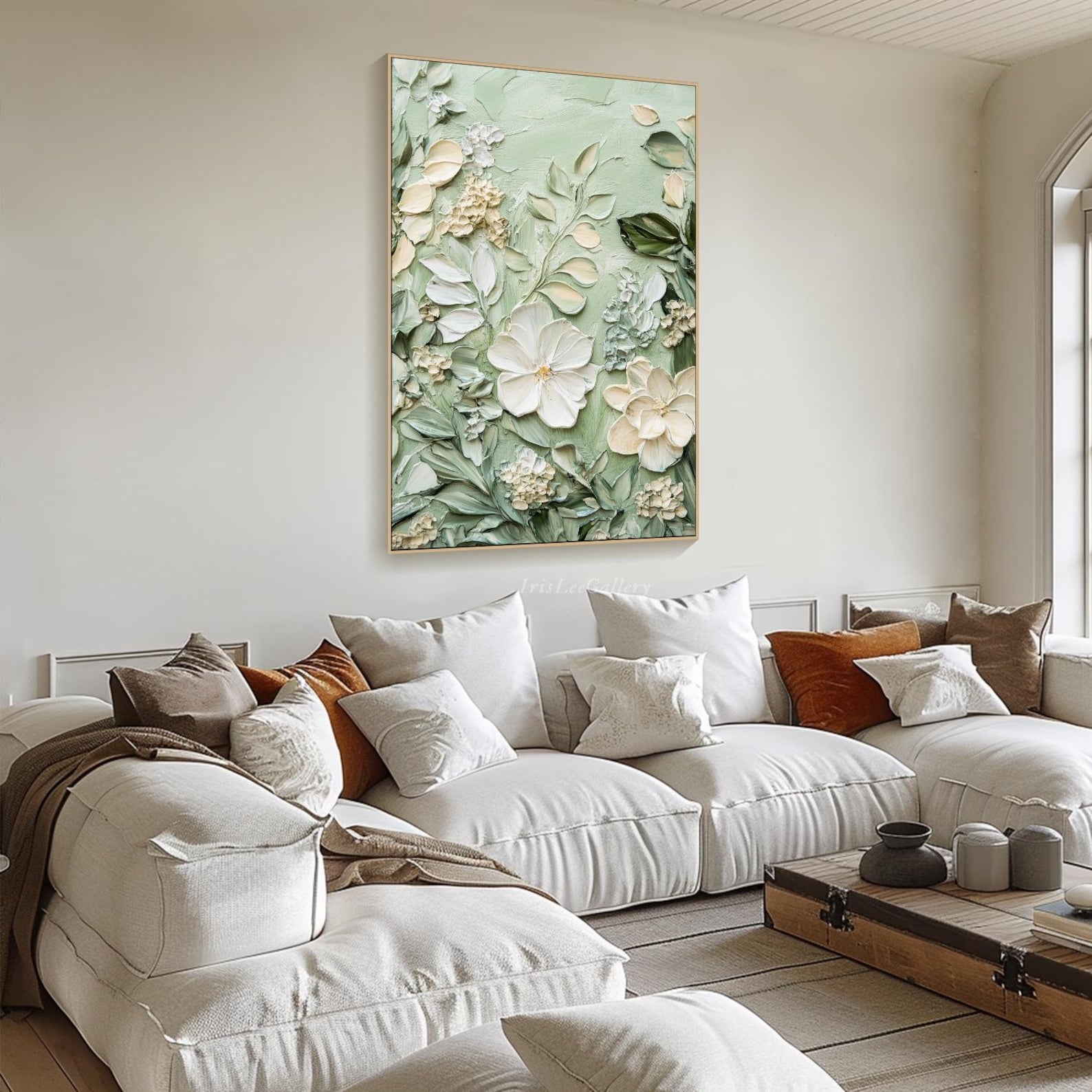 Soft Green Floral Diptych Oil Paintings with Impasto Texture, Set of 2 Botanical Wall Art for Home Decor