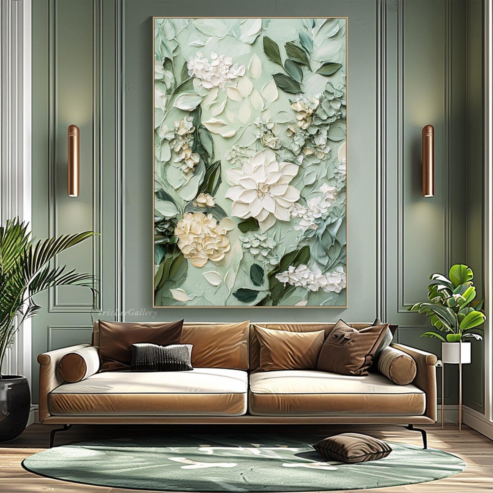 Soft Green Floral Diptych Oil Paintings with Impasto Texture, Set of 2 Botanical Wall Art for Home Decor
